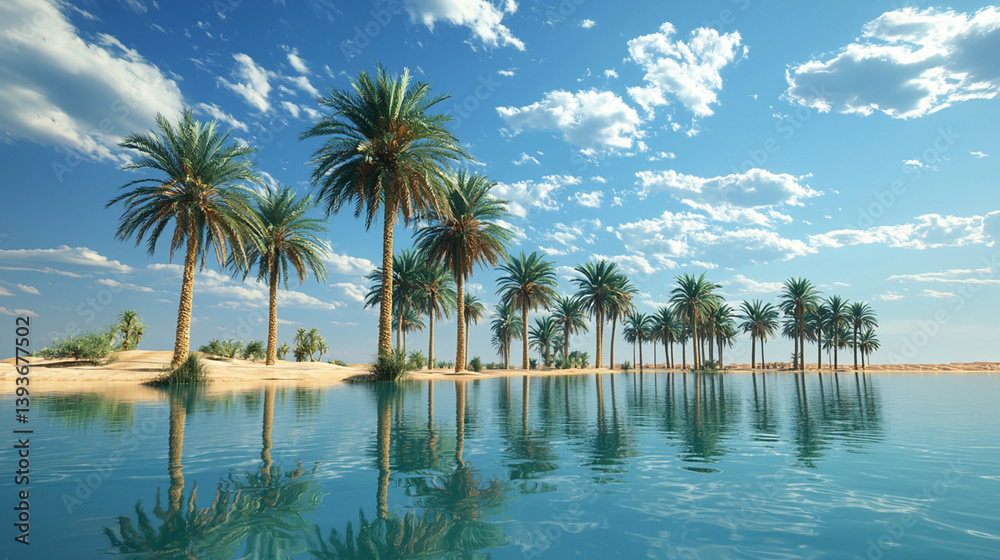 Oasis palm trees reflect in calm water, desert landscape, travel poster Oasis palm trees reflect in calm water, desert landscape, travel poster