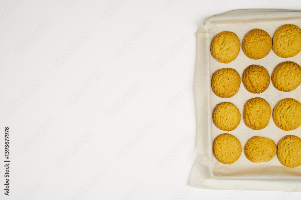 A plate of cookies sits on a blue and white checked tablecloth next to a glass of milk. A plate of cookies sits on a blue and white checked tablecloth next to a glass of milk.