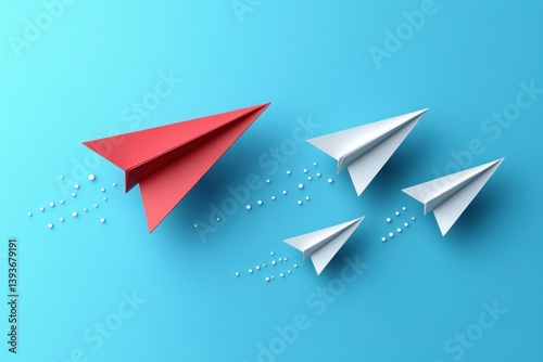 Wallpaper Mural Red Paper Airplane Leading White Planes on Blue Background, Leadership and Teamwork Concept Torontodigital.ca