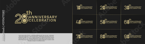 Anniversary logo type set with double line number. golden color for celebration event