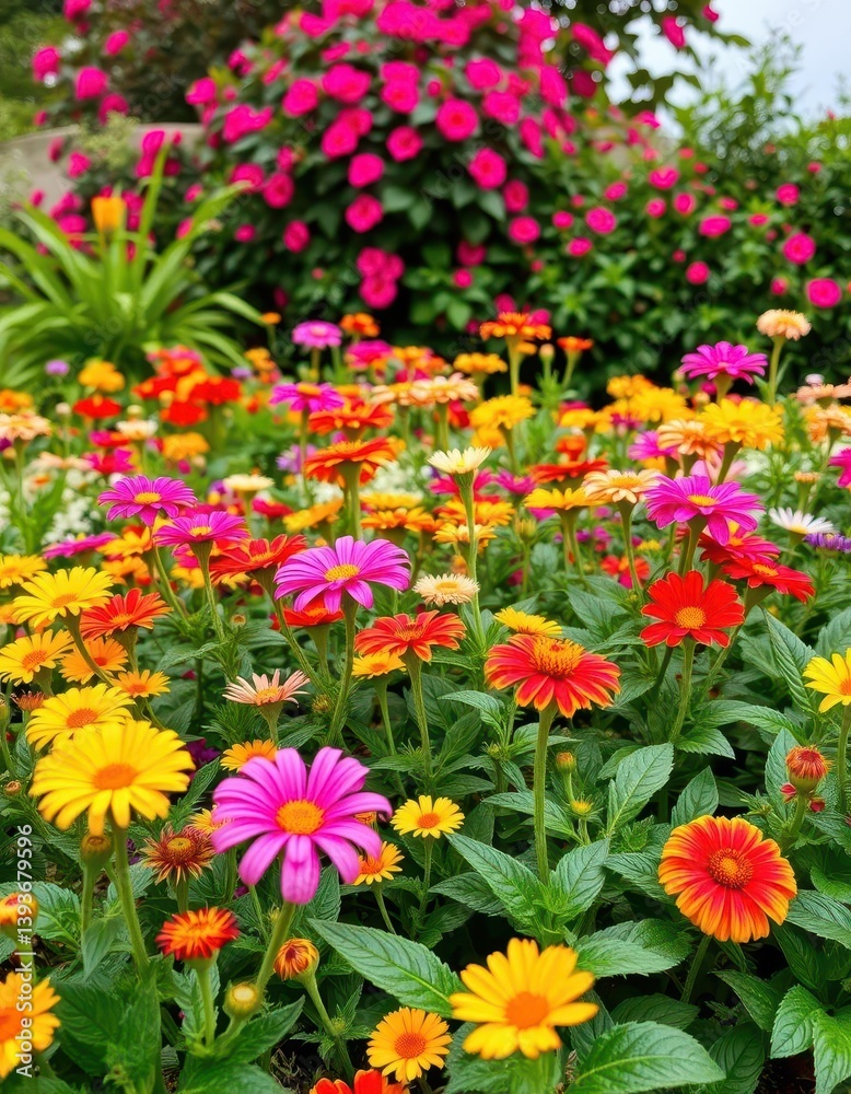 Vibrant flowerbed bursting with color and lush greenery, garden, landscape Vibrant flowerbed bursting with color and lush greenery, garden, landscape