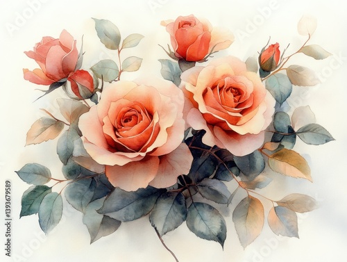 Elegant Floral Arrangement Watercolor Roses and Greenery Bouquet
