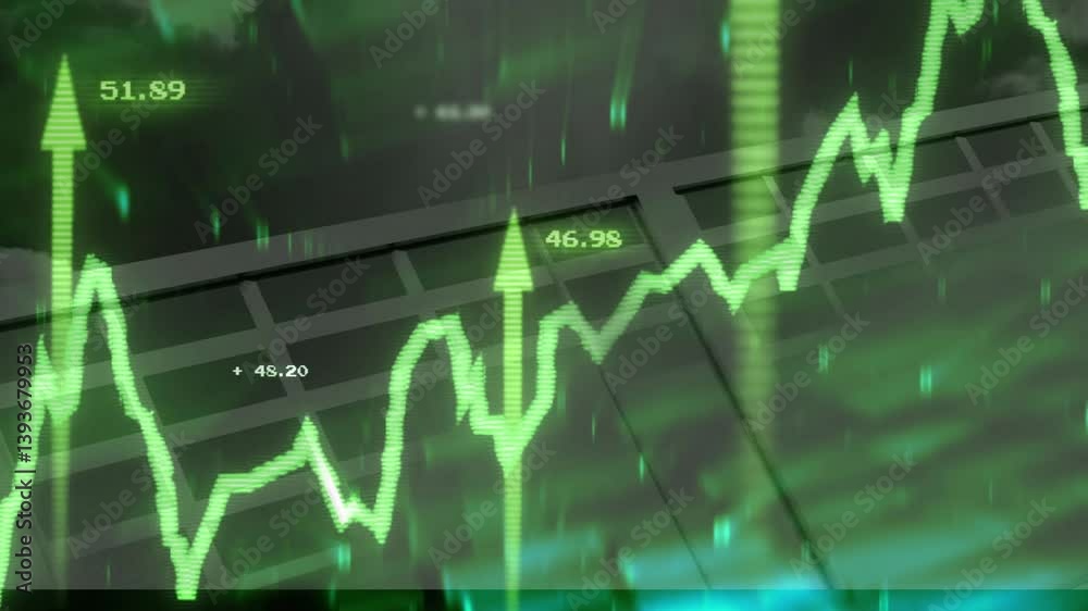 Animation showing green financial graph with upward trend and data points
