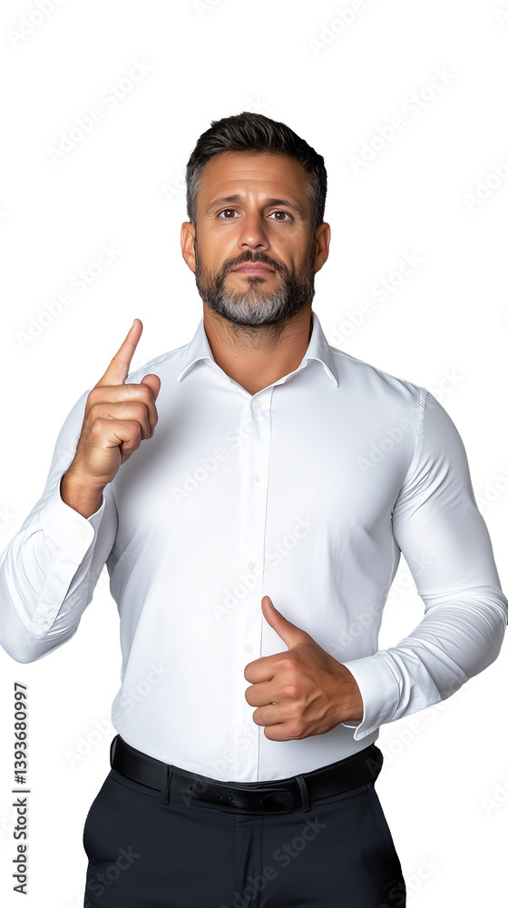 Young man in white shirt pointing up with confident expression, isolated on a transparent background, ideal for communication and focus themes.