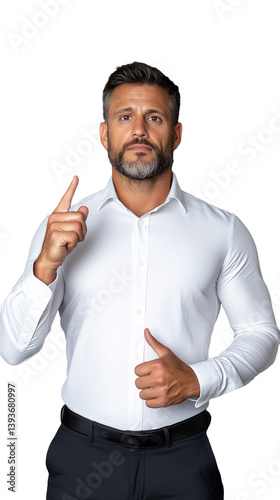 Obraz na płótnie Young man in white shirt pointing up with confident expression, isolated on a transparent background, ideal for communication and focus themes. w salonie