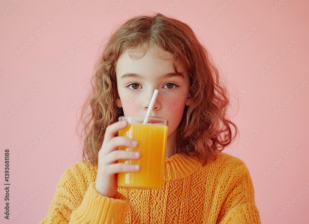 Young Girl Drinking Orange Juice with Straw Against a Pink Background Young Girl Drinking Orange Juice with Straw Against a Pink Background