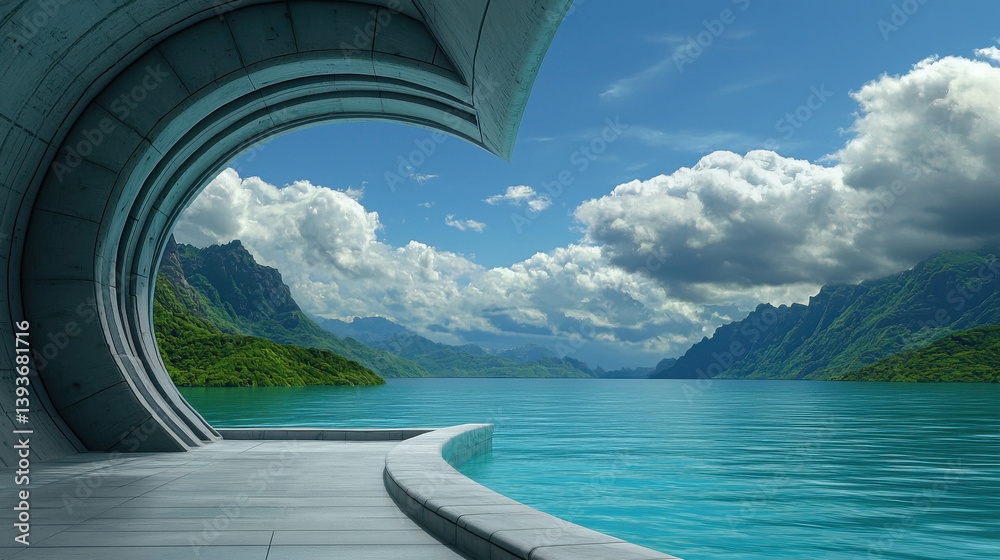 Fototapeta premium Modern Architectural Feature Overlooking Serene Lake with Majestic Mountains and Clouds