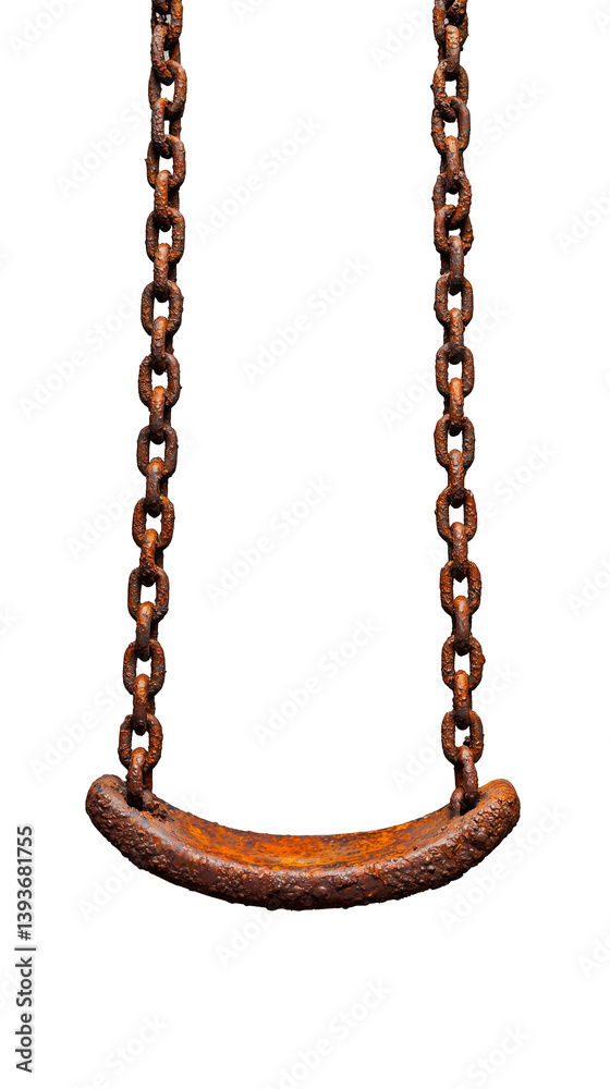 Rusty metal swing with chain links, isolated on a transparent background, representing nostalgia and vintage aesthetics, ideal for outdoor and childhood themes. Rusty metal swing with chain links, isolated on a transparent background, representing nostalgia and vintage aesthetics, ideal for outdoor and childhood themes.
