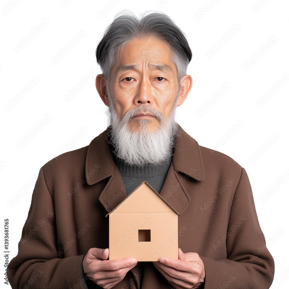 Senior man with gray hair and beard holding a small wooden house model, wearing a brown coat, isolated on a transparent background, representing home and security.