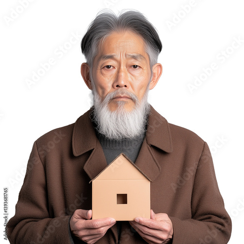 Obraz na płótnie Senior man with gray hair and beard holding a small wooden house model, wearing a brown coat, isolated on a transparent background, representing home and security. w salonie