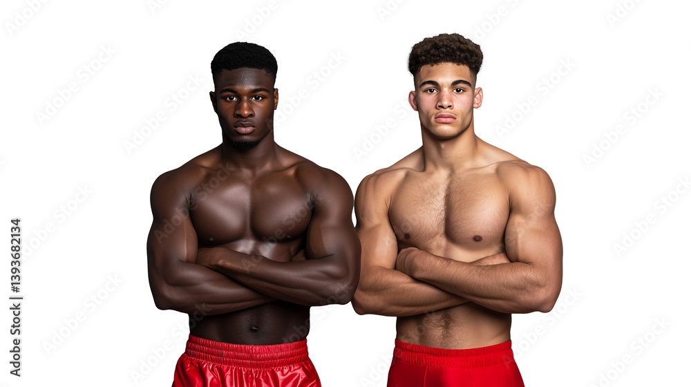 Three muscular young men posing together shirtless with folded arms, wearing red shorts, isolated on a transparent background, representing athleticism, strength, and team spirit.