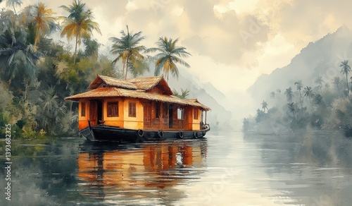 Traditional Houseboat on Serene River Surrounded by Lush Greenery and Palm Trees in Kerala India