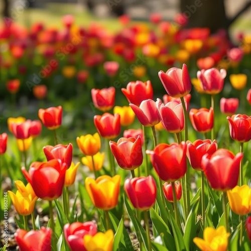 Vibrant pink, red, yellow tulips bloom in a sun-drenched meadow, macro, pretty, colorful flowers