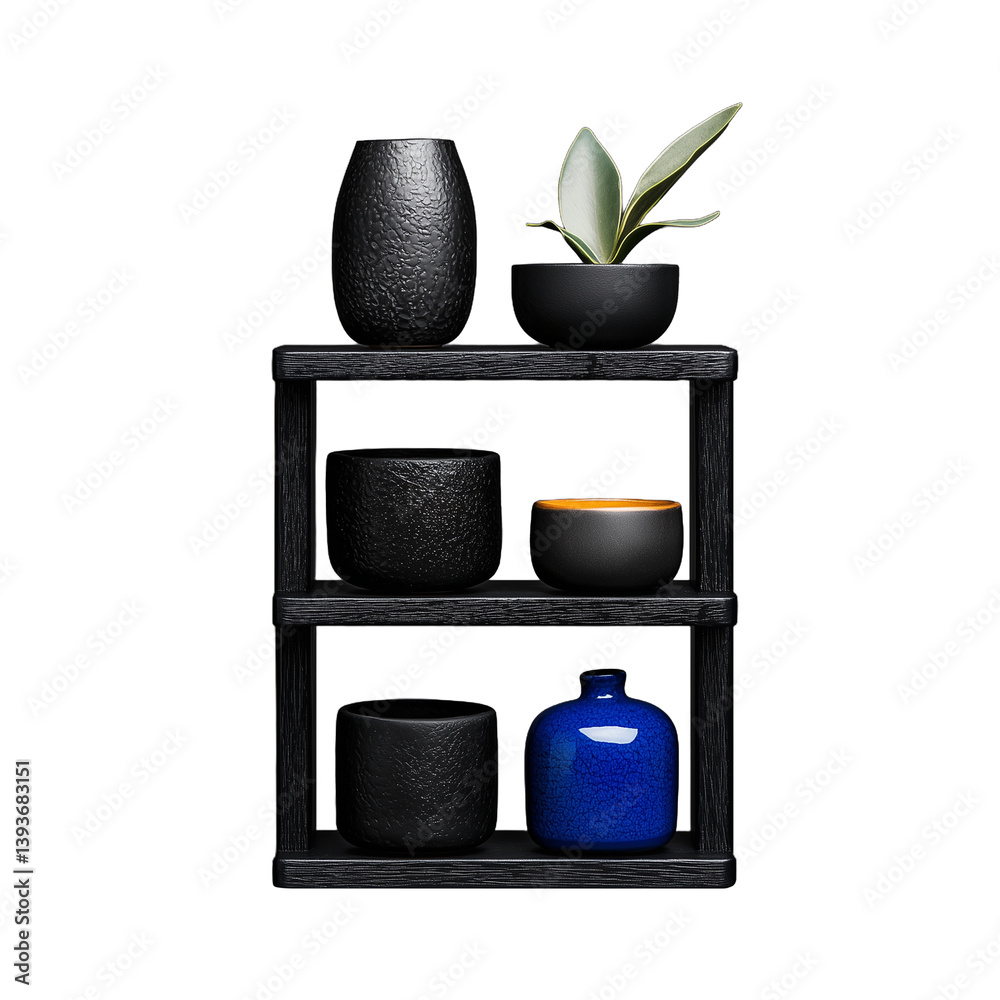Modern black shelf with ceramic vases