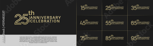 Anniversary logo type set with double line number. golden color for celebration event