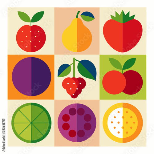 Flat design fruit icons: apple, pear, strawberry
