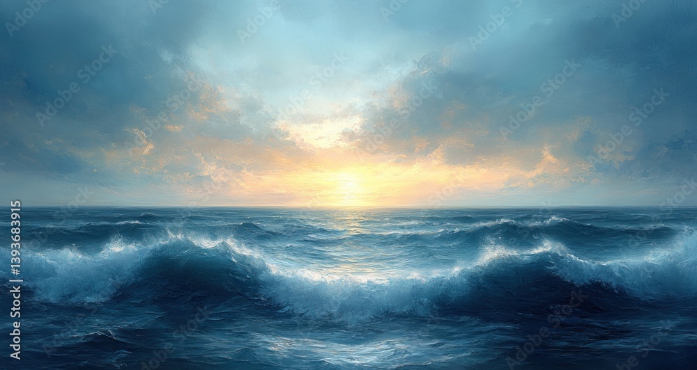 Serene Ocean Horizon at Dawn with Gentle Waves and Soft Blue Sky Serene Ocean Horizon at Dawn with Gentle Waves and Soft Blue Sky