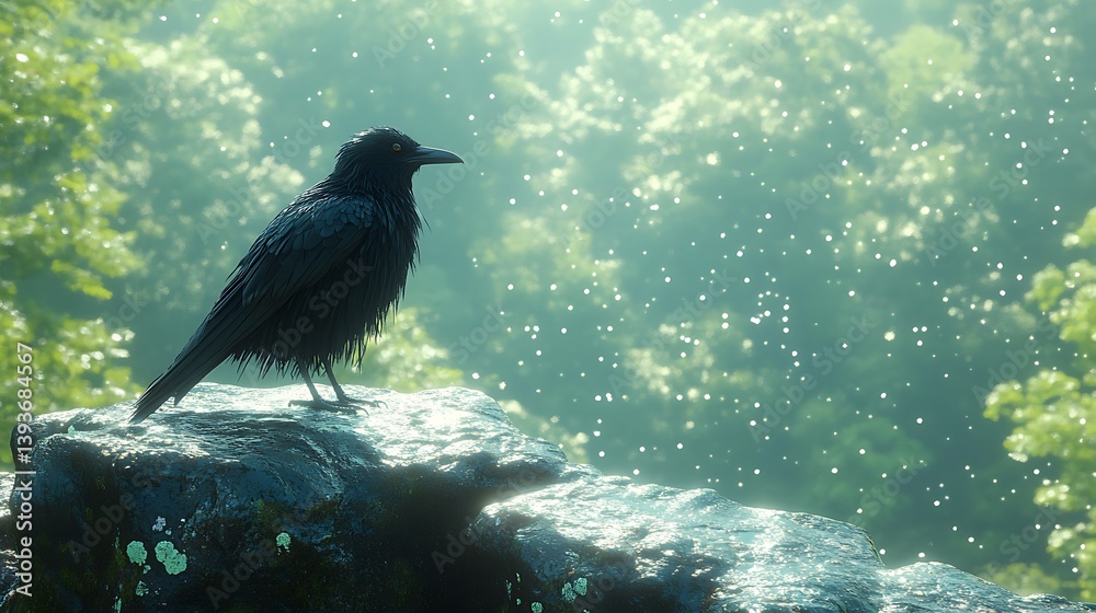 Fototapeta premium Serene Bird Profile in Mystical Forest Atmosphere with Soft Light and Gentle Rain Effects