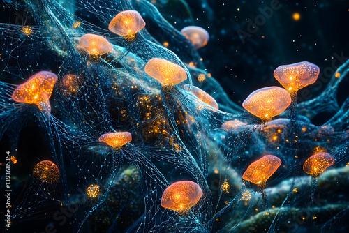 Glowing bioluminescent organisms nestled within a complex network.