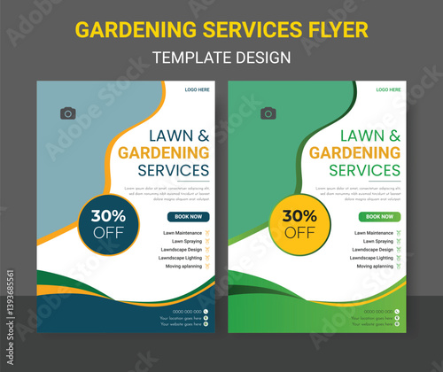 Lawn and gardening service flyer design template. Tree and gardening service poster leaflet design. lawnmower flyer template. Lawn mower landscaping garden service flyer brochure cover template.