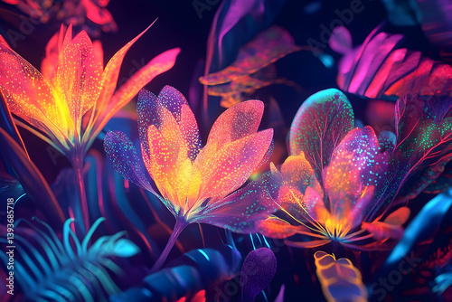 A vibrant display of glowing, translucent flowers and leaves in neon colors.