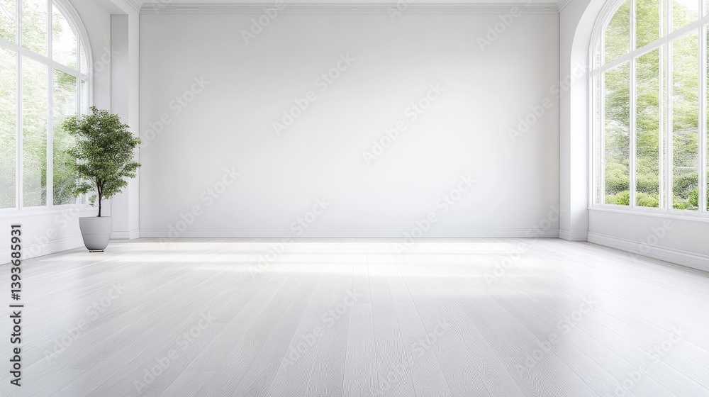 Bright, spacious, minimalist interior. Large windows, natural light, clean lines Bright, spacious, minimalist interior. Large windows, natural light, clean lines
