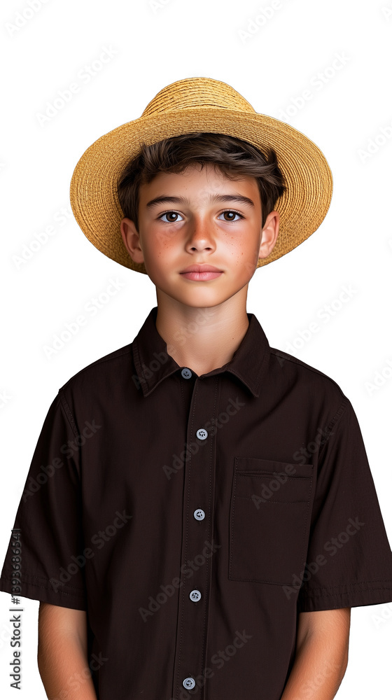 Boy wearing black shirt and straw hat