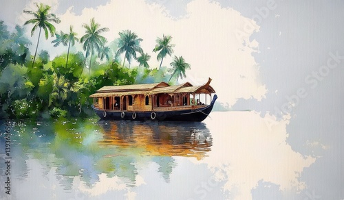 Traditional Houseboat on Serene River Surrounded by Lush Greenery in Kerala India