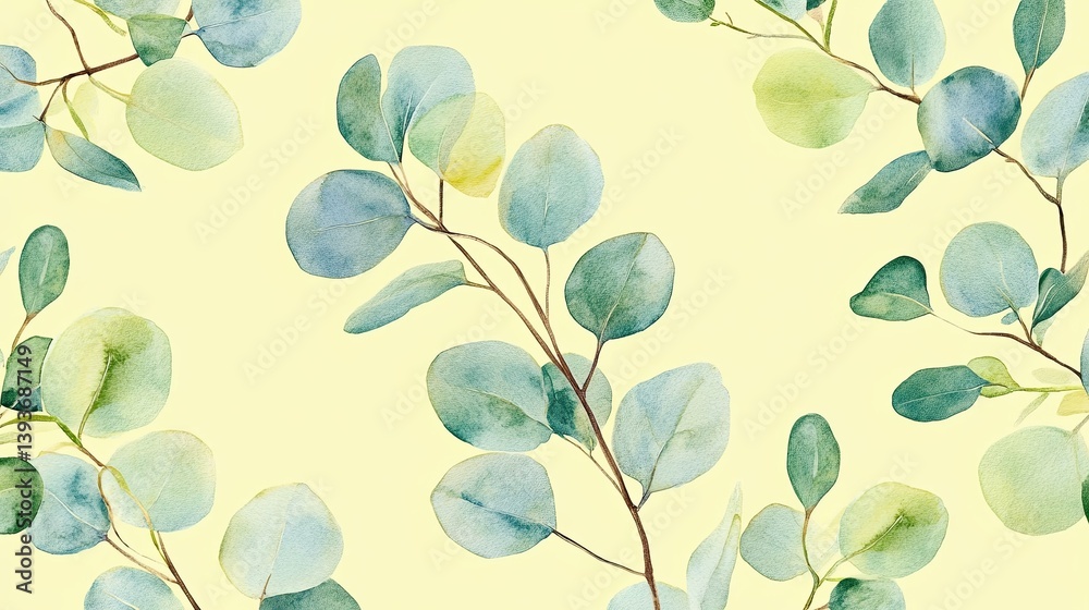 Delicate watercolor pattern featuring eucalyptus branches on pastel backdrop Delicate watercolor pattern featuring eucalyptus branches on pastel backdrop