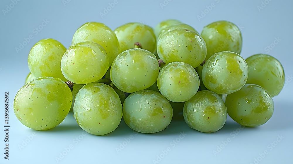 Fresh Green Grapes with Water Droplets on a Light Blue Background Fresh Green Grapes with Water Droplets on a Light Blue Background