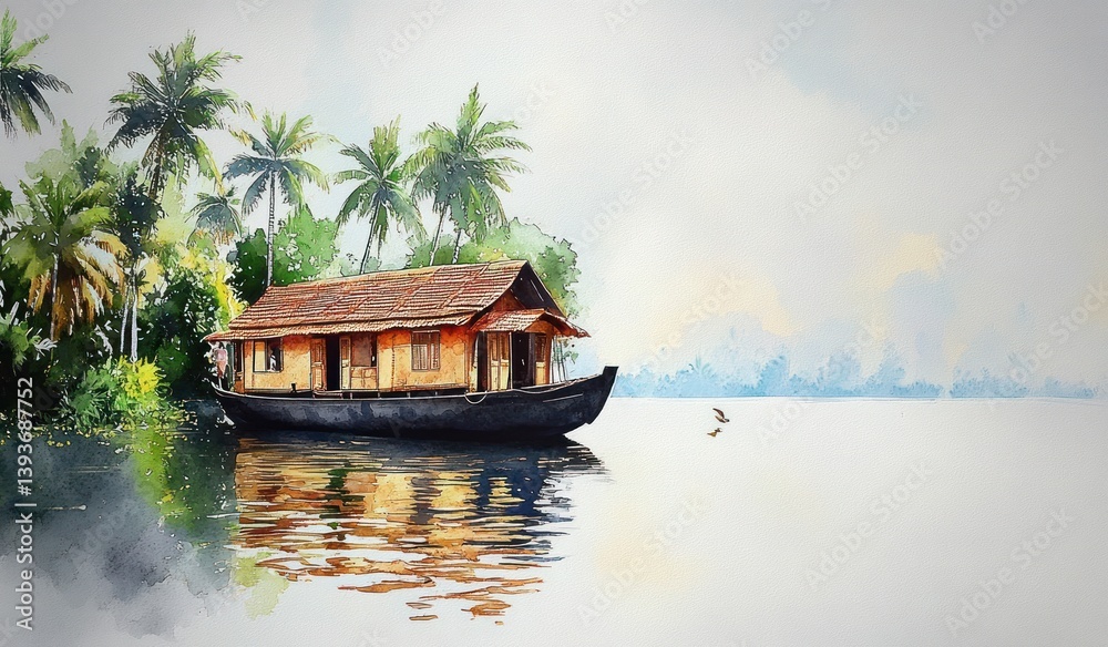 Fototapeta premium Traditional Houseboat Serenity on River in Lush Kerala Backwaters