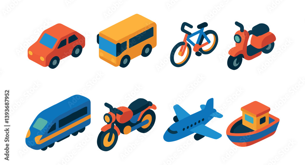 Naklejka premium 3d transportation icons set: car, bus, bicycle, scooter, train, motorcycle, airplane, boat