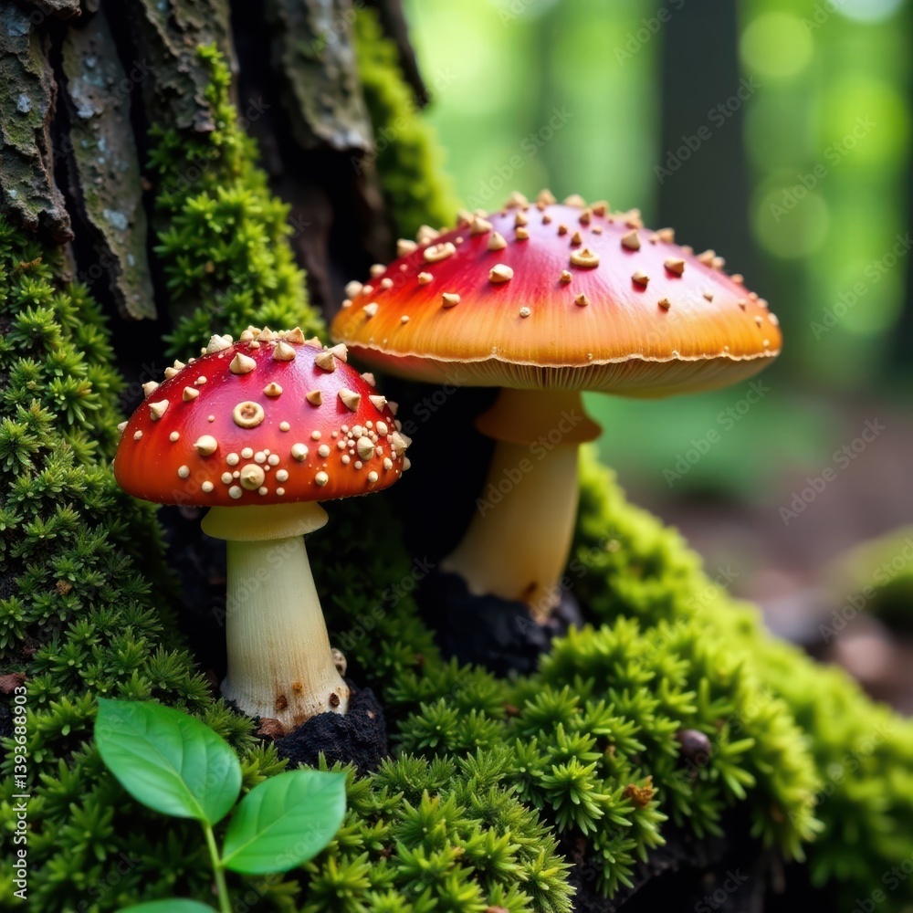 Fototapeta premium Mossy forest floor with Boletus edulis growing on a tree trunk, edible, forest, woods