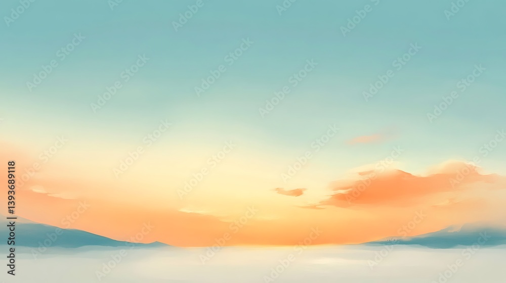 Obraz premium A serene landscape showcasing a pastel sky during sunrise, with soft hues of blue, peach, and gentle whites blending over distant hills and layers of mist