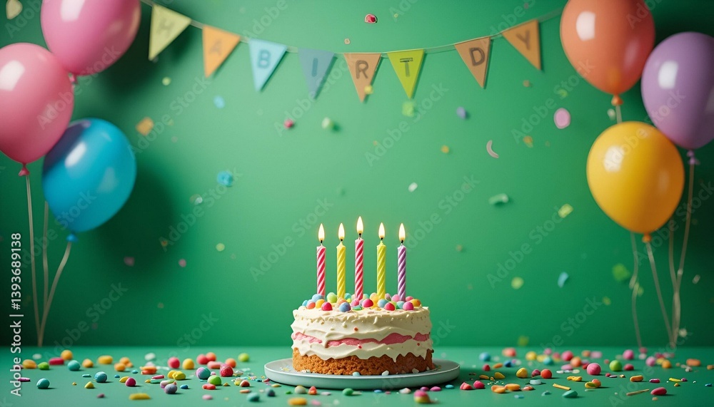 Birthday party with birthday cake, candles, balloons on green background with empty copy space.