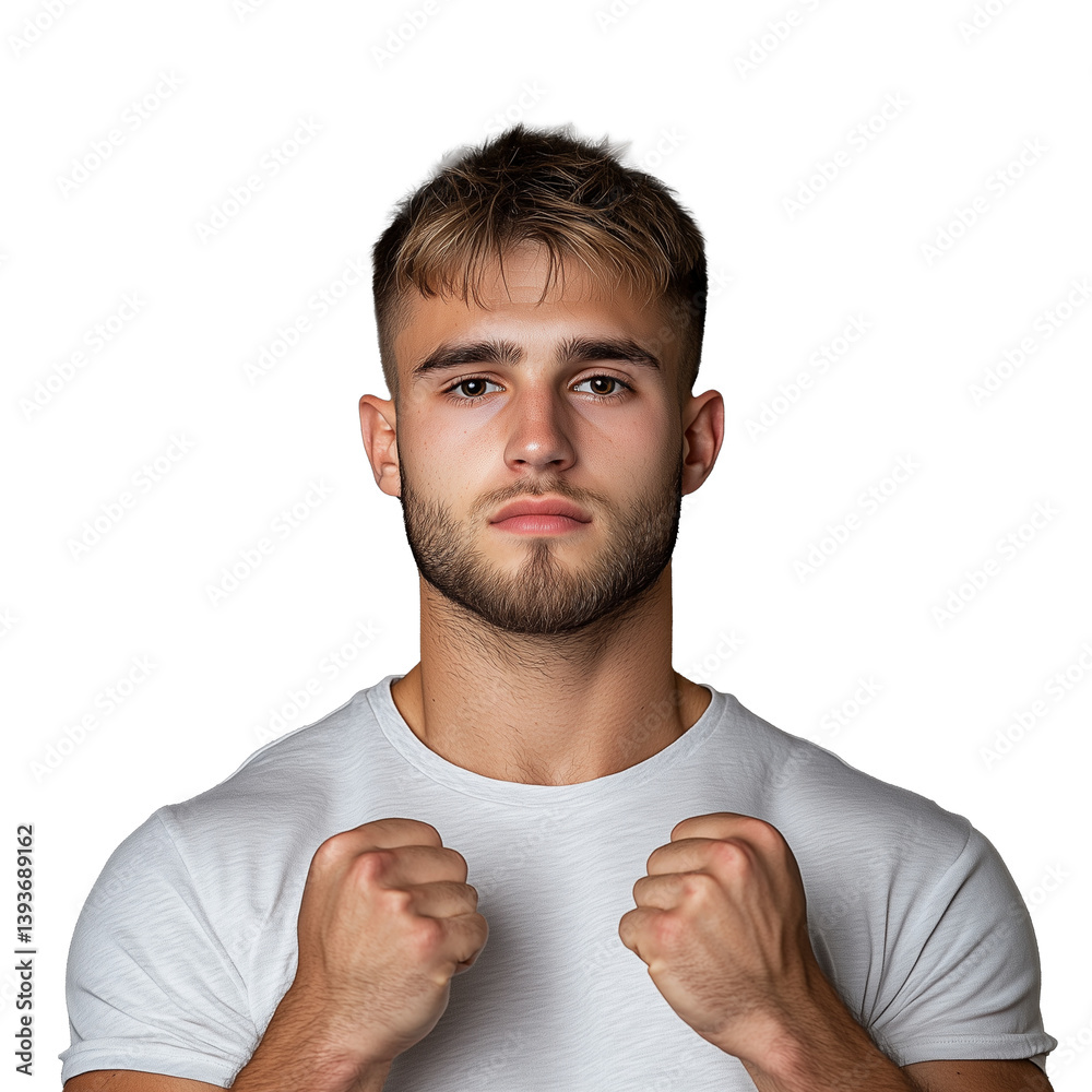 Young man clenching fists in t shirt