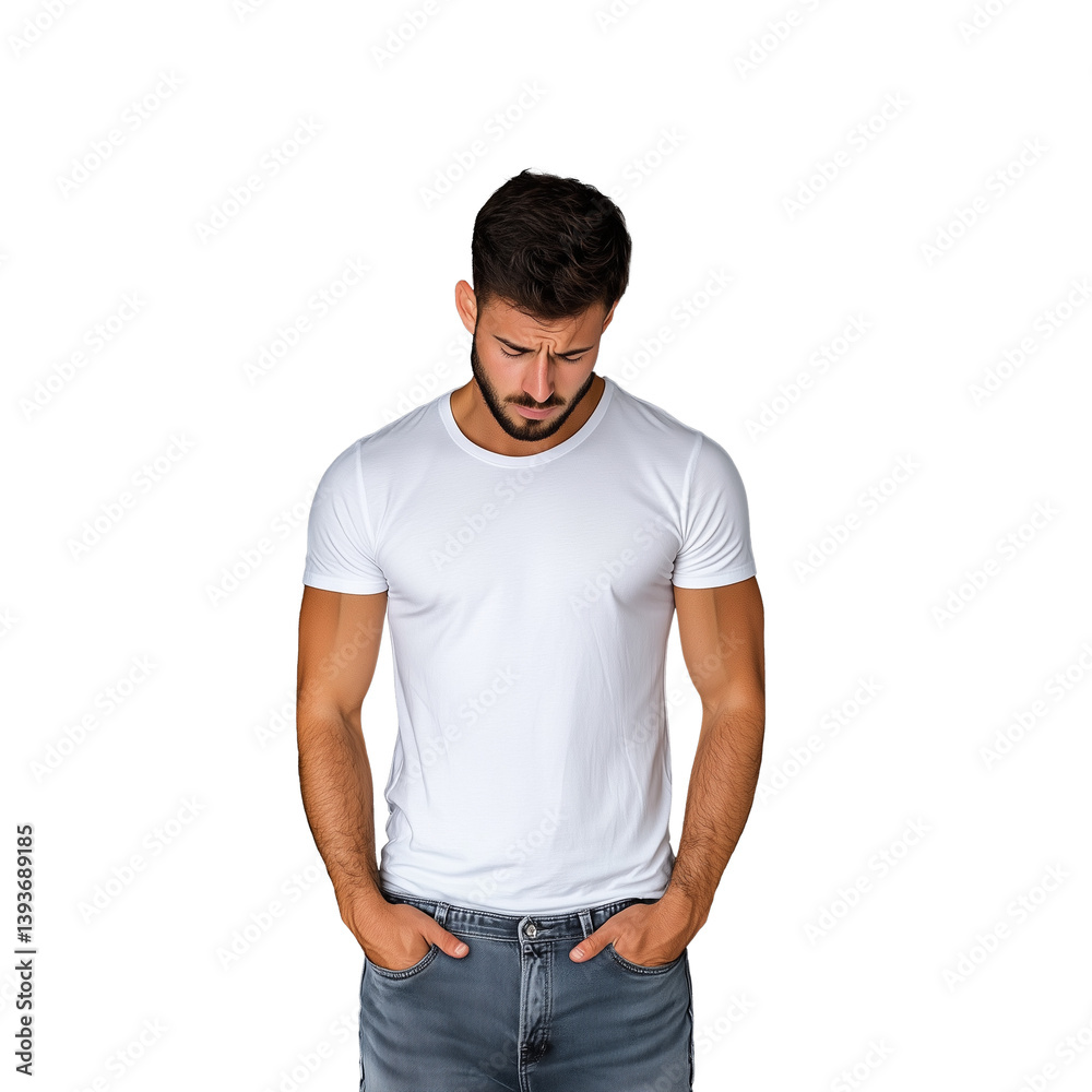 Man in white t shirt looking down
