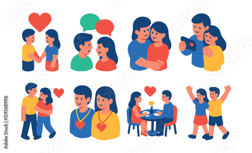 Love and relationship flat icons set: romantic interactions and couples activities