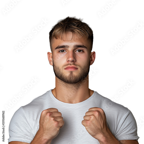 Obraz na płótnie Young man clenching fists in t shirt w salonie