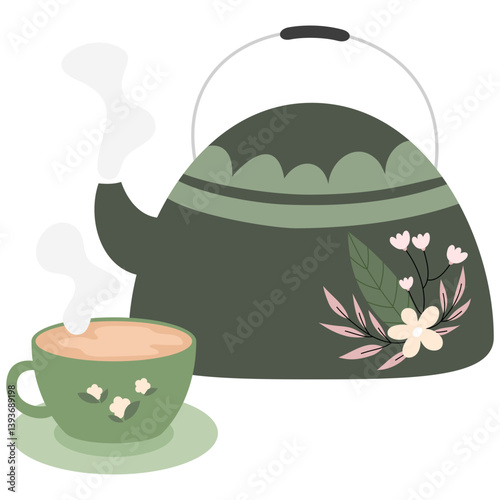 Hand drawn tea pot and a cup hot drink illustration