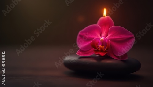 Red orchid on a therapy stone with a glowing candle, orchid, flower
