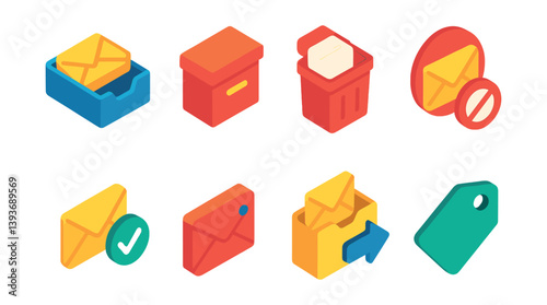 Colorful isometric email icon set for digital communication and organization