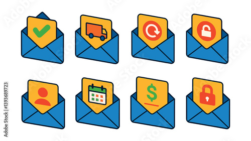 Envelope icons set for email and communication in flat style