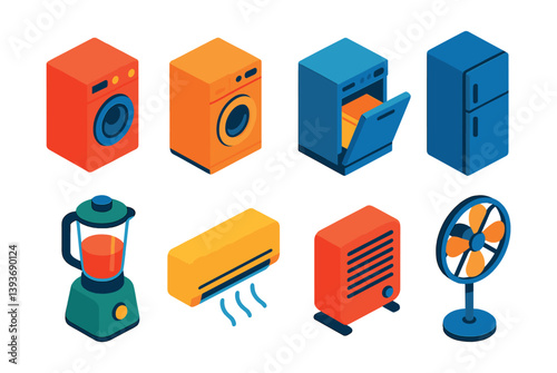 3d household appliance icons set: washing machine, refrigerator, air conditioner, blender & more