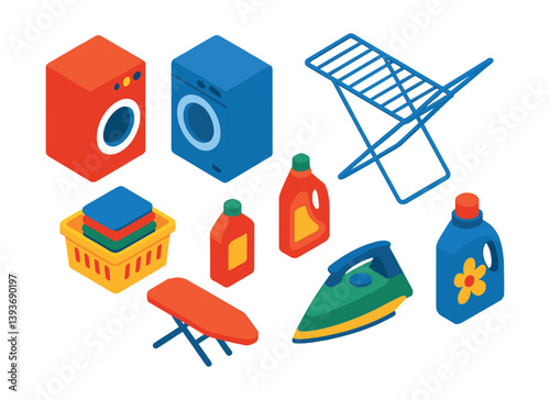 Colorful 3d laundry icons set: washing machines, iron, detergent bottles, laundry basket