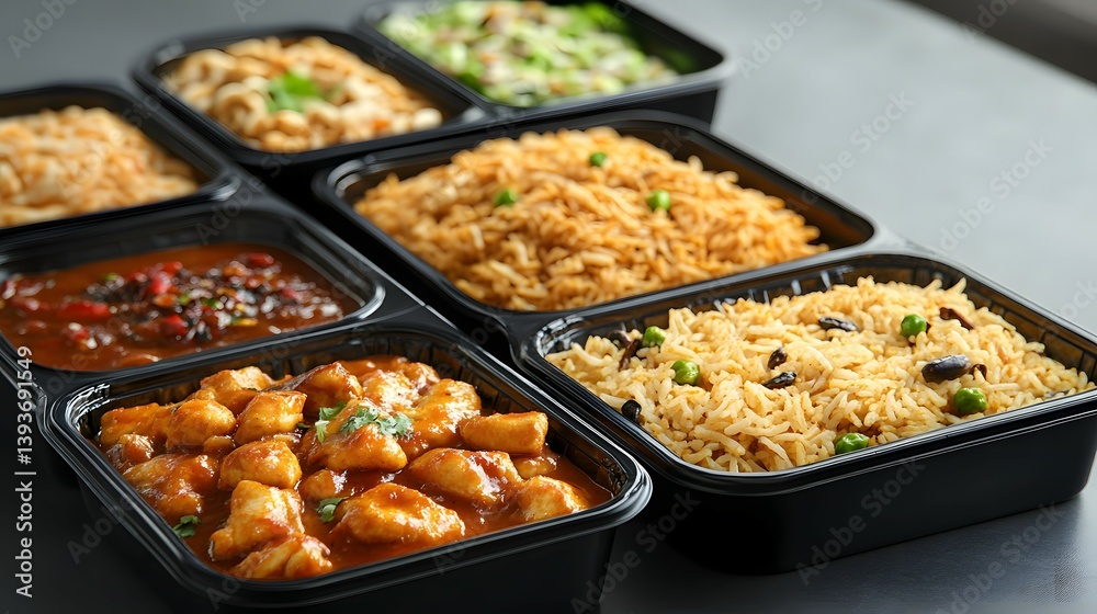 Variety of Meal Prep Containers with Rice, Chicken and Vegetable Dishes in Trays Variety of Meal Prep Containers with Rice, Chicken and Vegetable Dishes in Trays