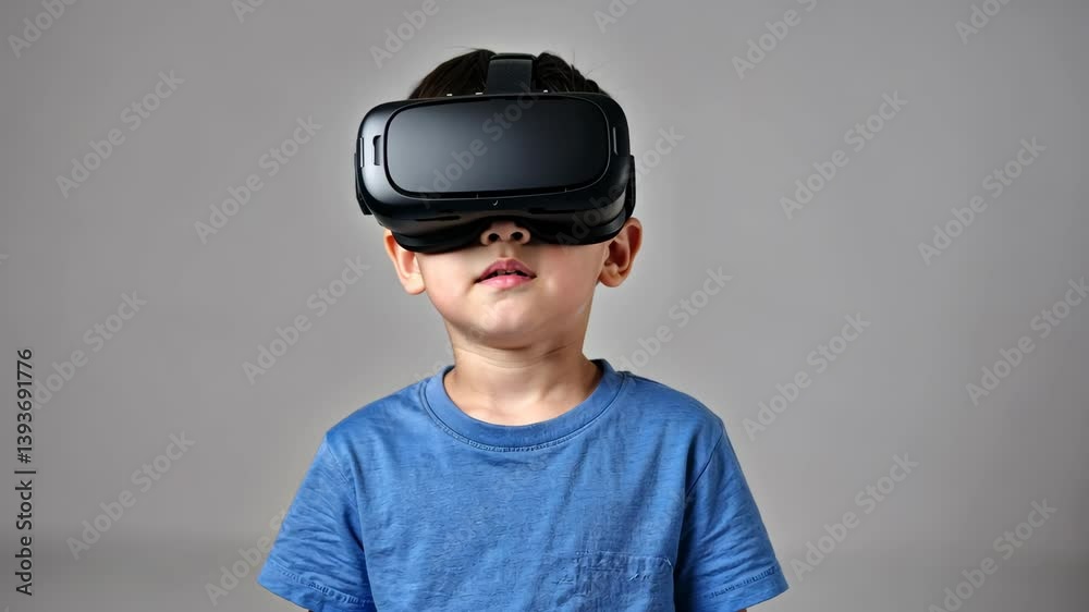 Young child engages with virtual reality headset at home, exploring new digital experiences in a playful environment Young child engages with virtual reality headset at home, exploring new digital experiences in a playful environment