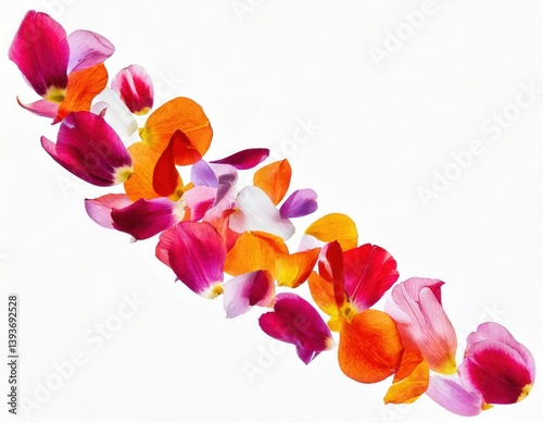 a vibrant arrangement of colorful  tulip flower petals. These petals form an abstract diagonal line against a bright backdrop, showcasing a spectrum of hues
