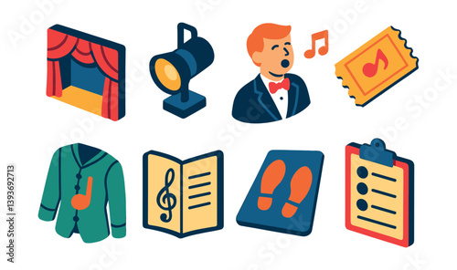 Theater icon set: 3d style with stage, microphone, music ticket, and more