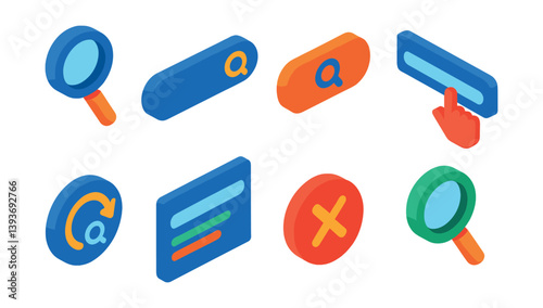8 vibrant search interface icons set in 3d isometric style for ui designs